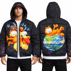 K.1 Members Only Black Puffer Jacket with Garfield Design